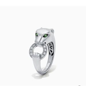 Signature Sterling Silver Diamond and Tsavorite Panther Ring, 0.13 TCW size 6